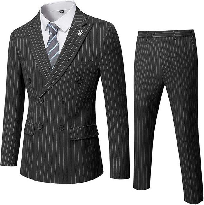 Men's Double-Breasted Pinstripe Breathable Suit - Black Men's Double-Breasted Pinstripe Breathable Suit - Black