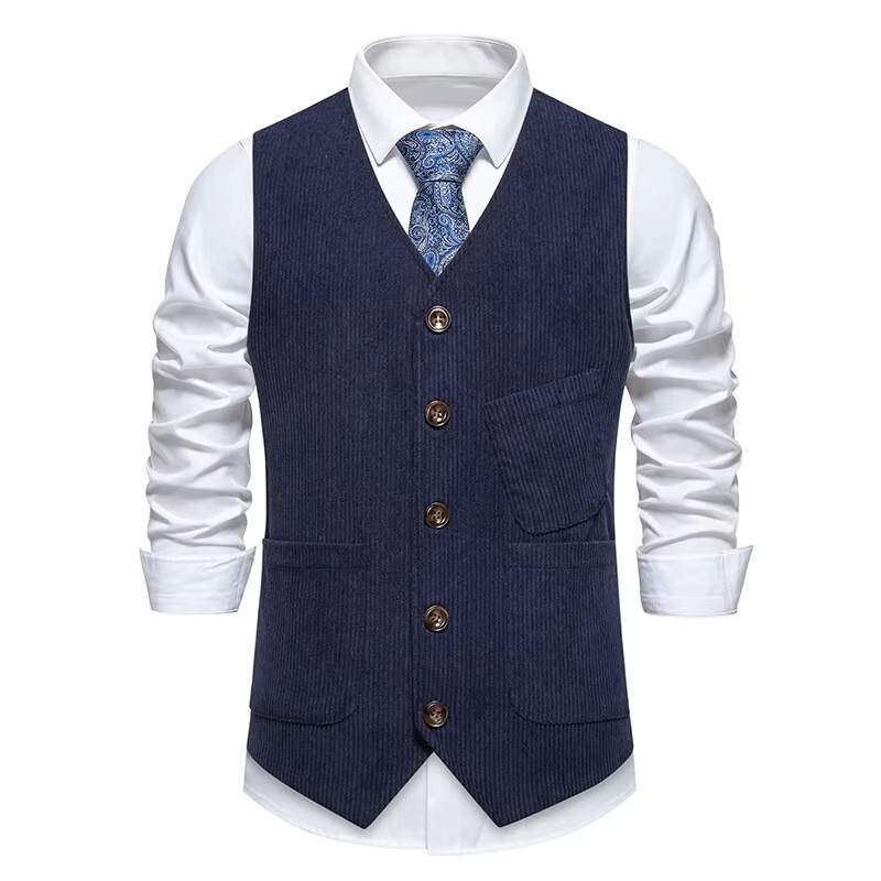 Mens Retro Corduroy Casual Suit Waistcoat (2) Colete masculino retrô de veludo cotelê casual (2)