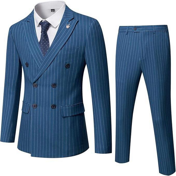 Men's Double-Breasted Pinstripe Breathable Suit - Navy Blue Men's Double-Breasted Pinstripe Breathable Suit - Navy Blue