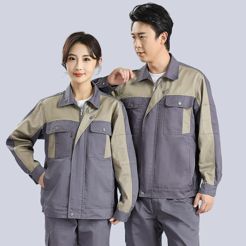 Spring & Autumn Poly-Cotton Long-Sleeve Workwear Set - Grey & Khaki Color-Blocked Spring & Autumn Poly-Cotton Long-Sleeve Workwear Set - Grey & Khaki Color-Blocked