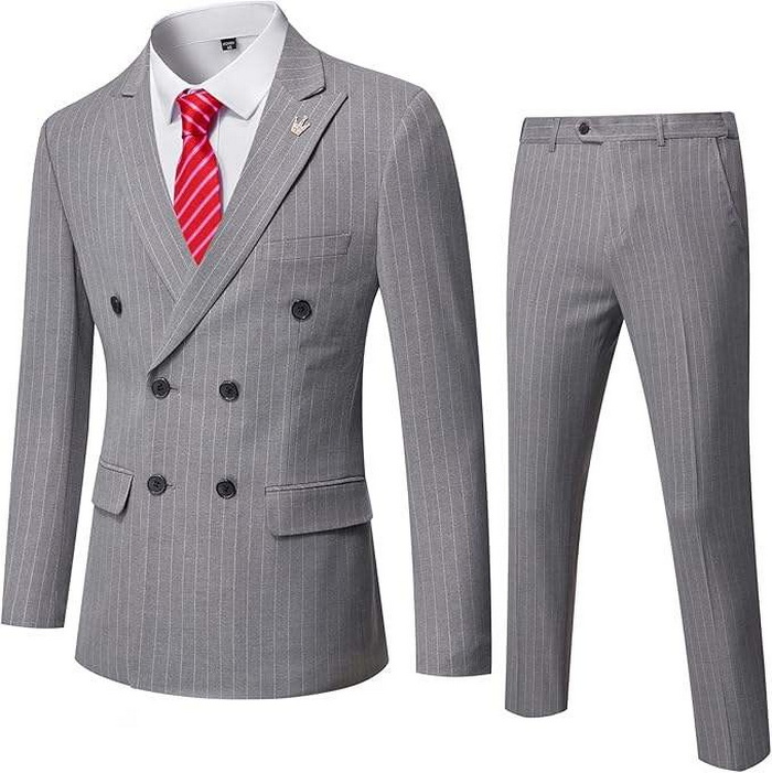 Men's Double-Breasted Pinstripe Breathable Suit - Grey Men's Double-Breasted Pinstripe Breathable Suit - Grey