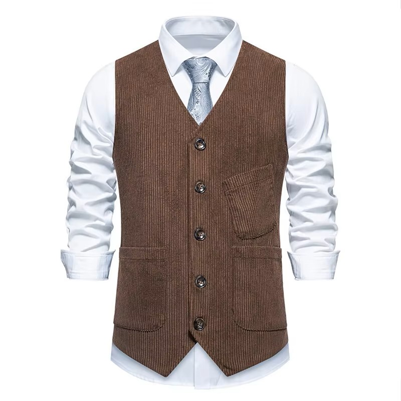 Mens Retro Corduroy Casual Suit Waistcoat (4) Colete masculino retrô de veludo cotelê casual (4)