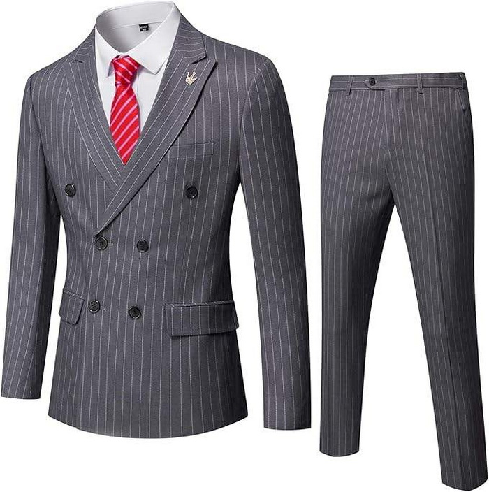 Men's Double-Breasted Pinstripe Breathable Suit - Dark Grey Men's Double-Breasted Pinstripe Breathable Suit - Dark Grey
