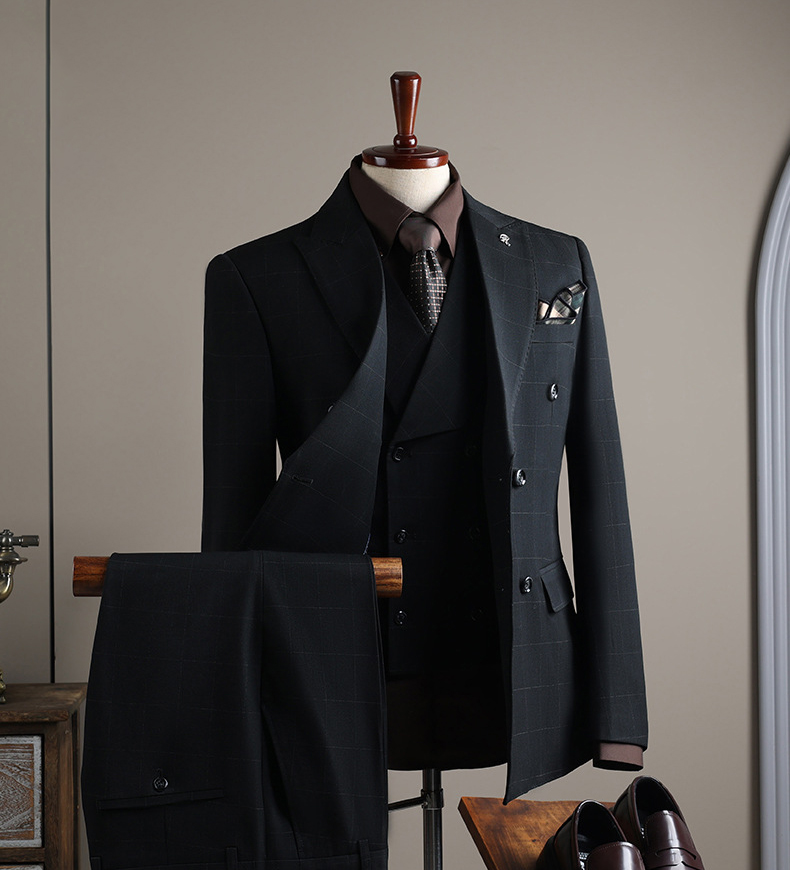Men's Double-Breasted Checked Suit Set (13)