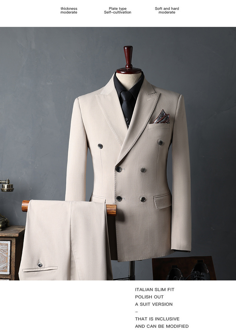Beige Double-Breasted Suit Set (6)