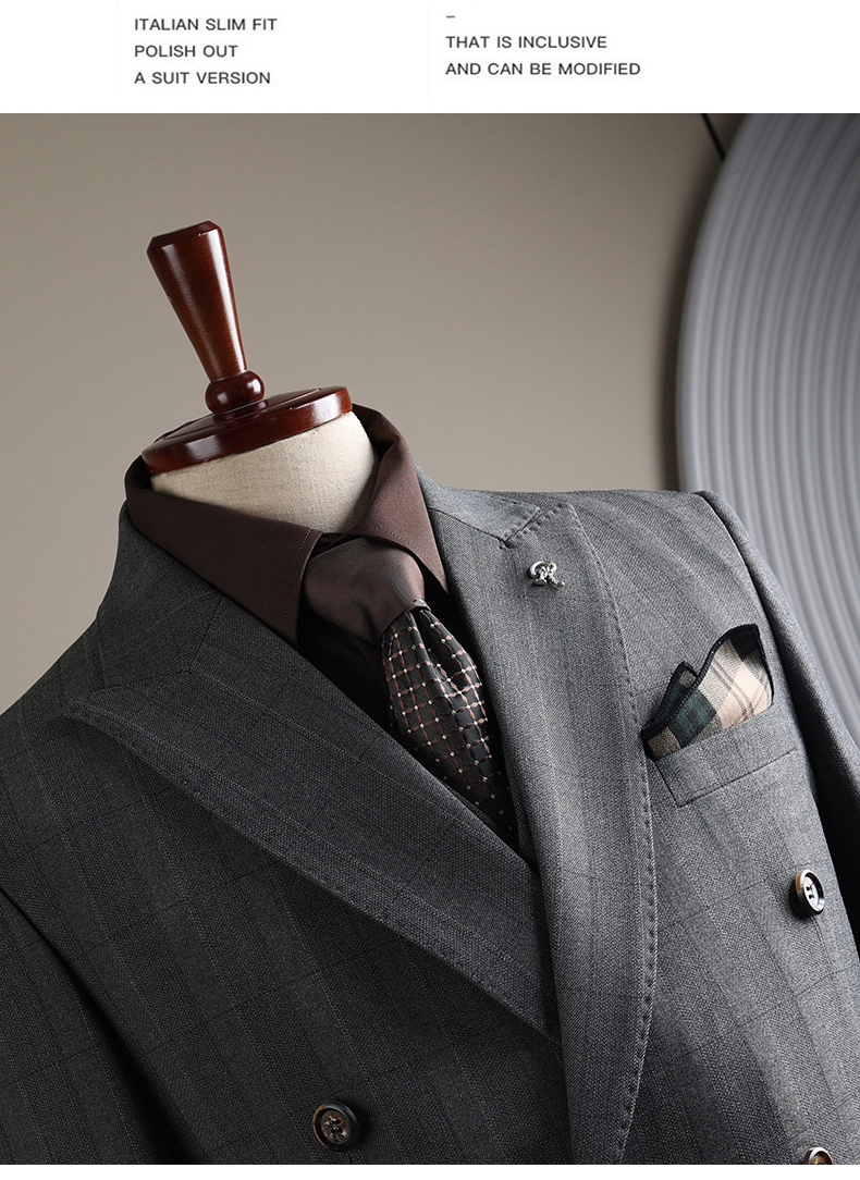 Men's Double-Breasted Checked Suit Set (10)