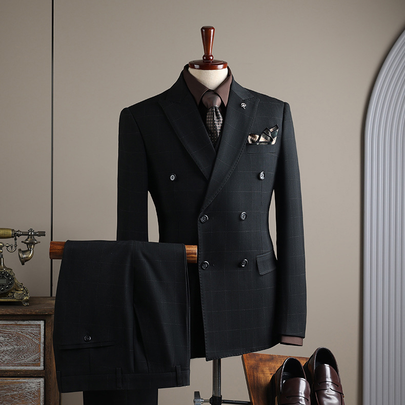 Men's Double-Breasted Checked Suit Set