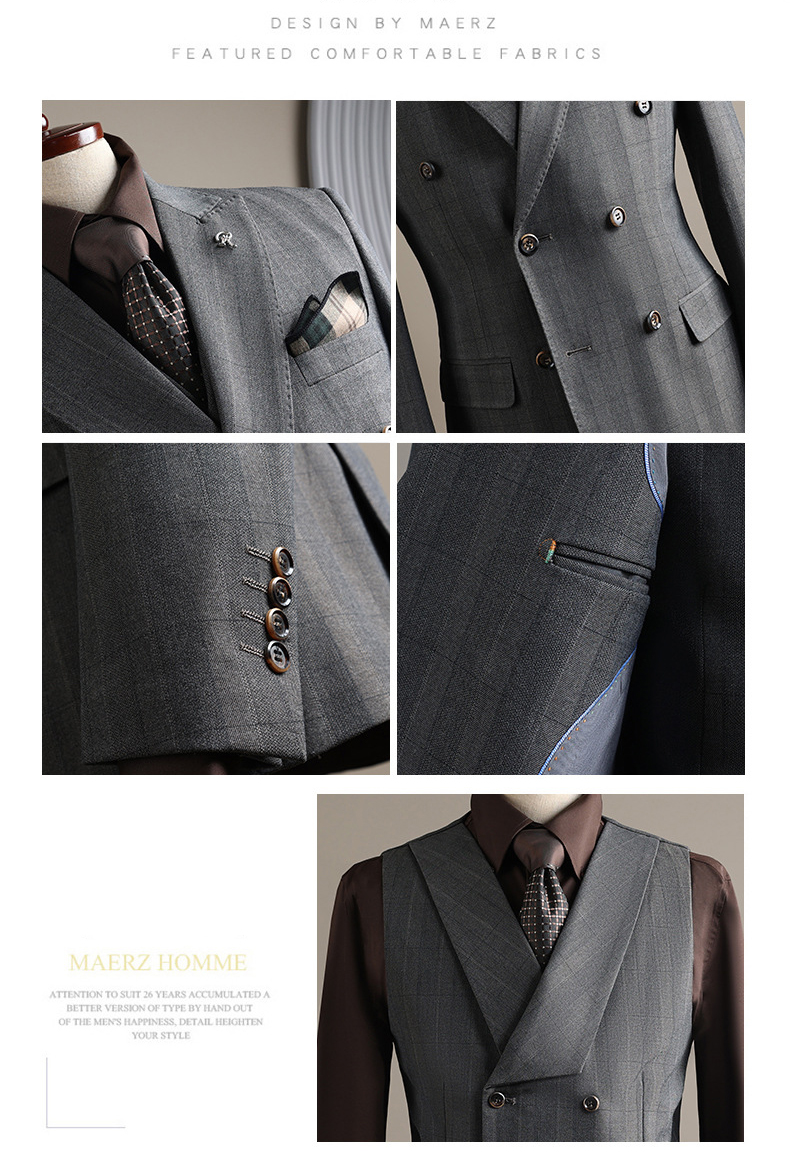 Men's Double-Breasted Checked Suit Set (15)