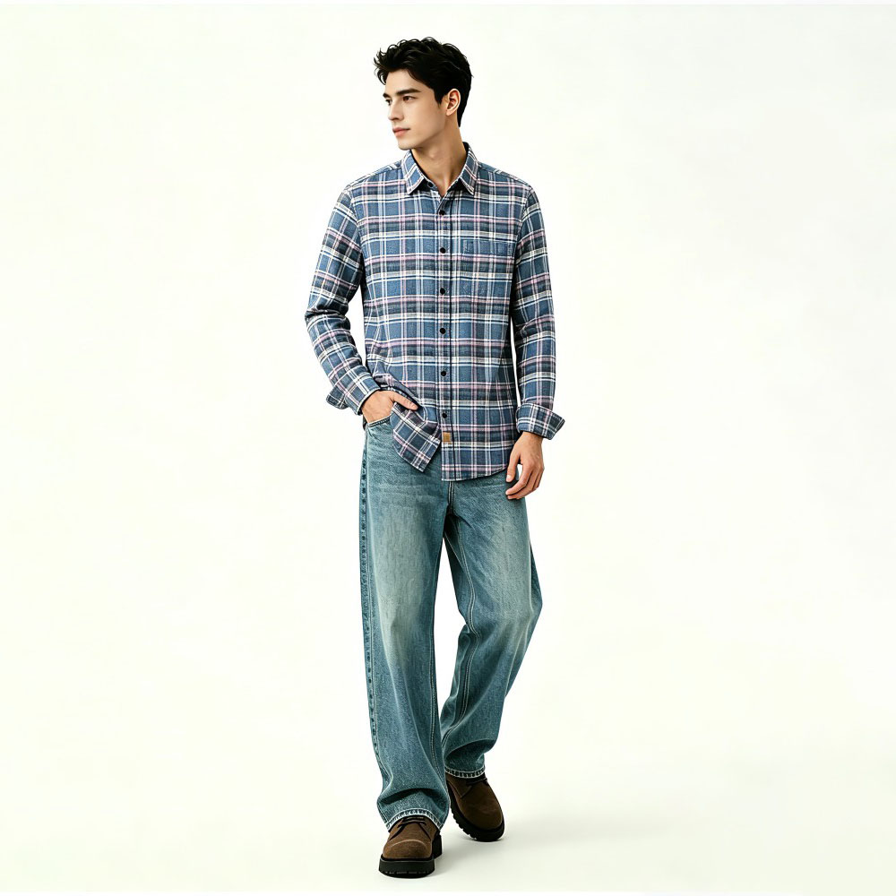Mens 100% Cotton Plaid Long Sleeve Shirt