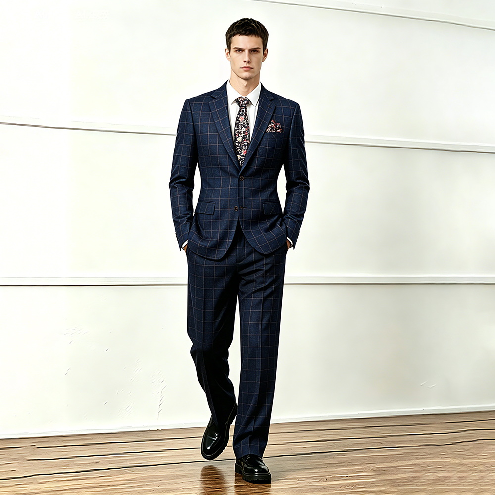 Mens Slim Fit Blue Plaid 3 Piece Wedding Suit