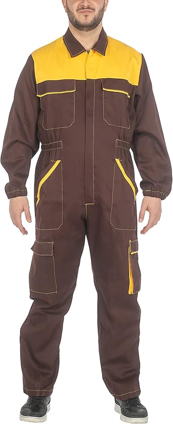 Mens Brown Yellow Multi Pocket Work Coveralls (4)