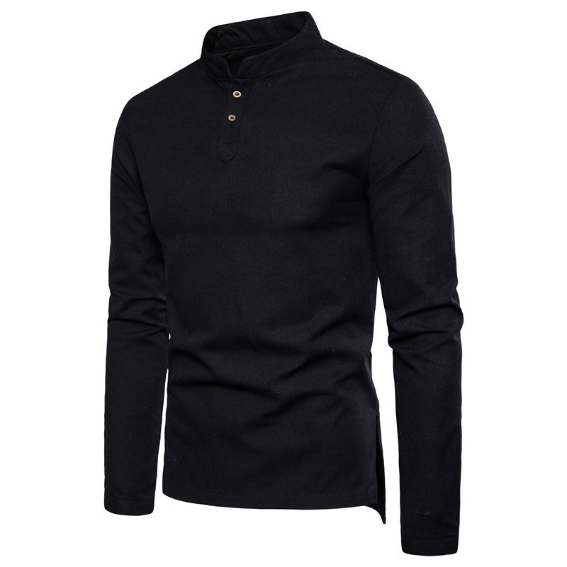 Mens Slim Linen Cotton Stand Collar Shirt (1)