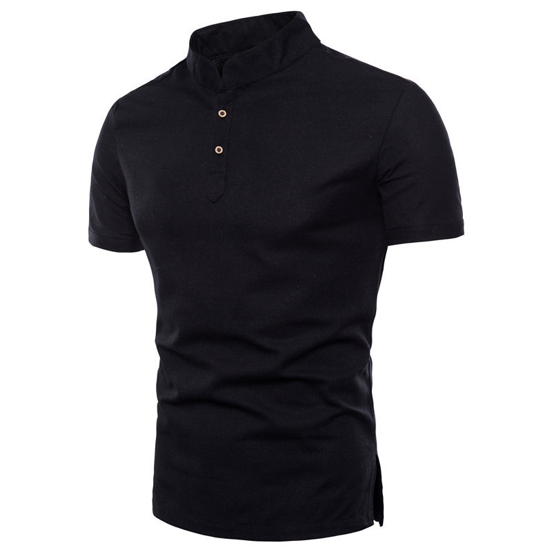 Mens Cotton Linen Stand Collar Slim Summer Shirt (2)