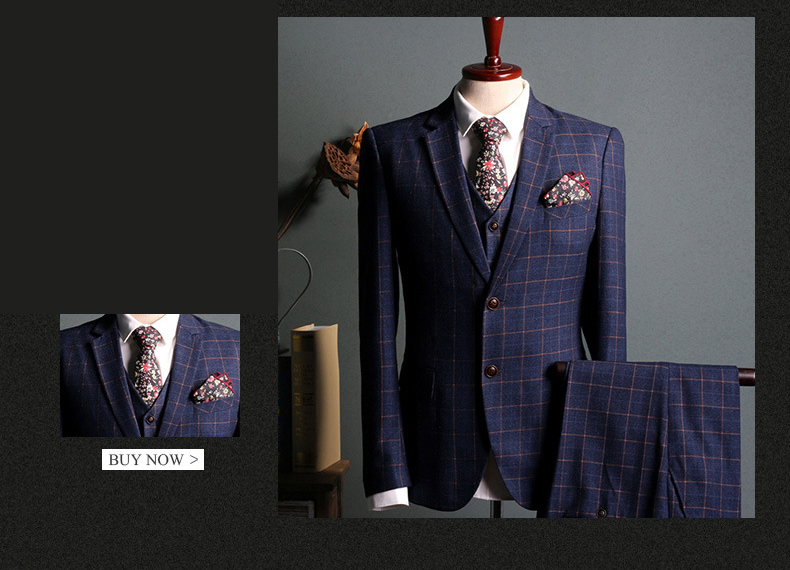 Mens Slim Fit Blue Plaid 3 Piece Wedding Suit (5)
