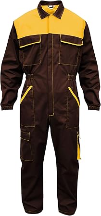 Mens Brown Yellow Multi Pocket Work Coveralls