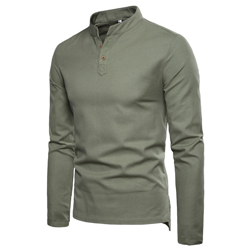 Mens Slim Linen Cotton Stand Collar Shirt (3)