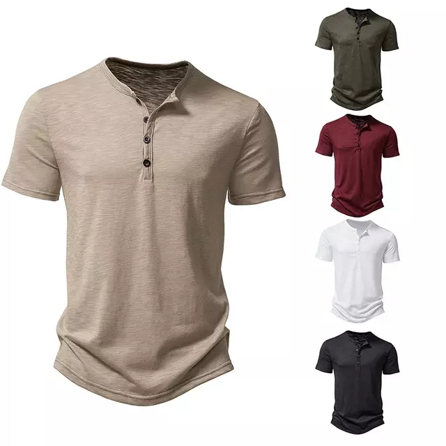 Mens Slub Cotton Henley Neck Polo Shirt