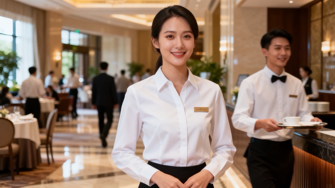 Professional Hospitality Staff In Polyester Shirts Professional Hospitality Staff In Polyester Shirts