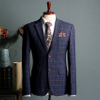 Mens Slim Fit Blue Plaid 3 Piece Wedding Suit