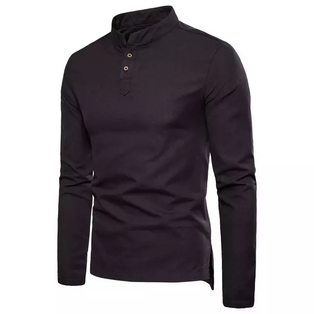 Mens Slim Linen Cotton Stand Collar Shirt
