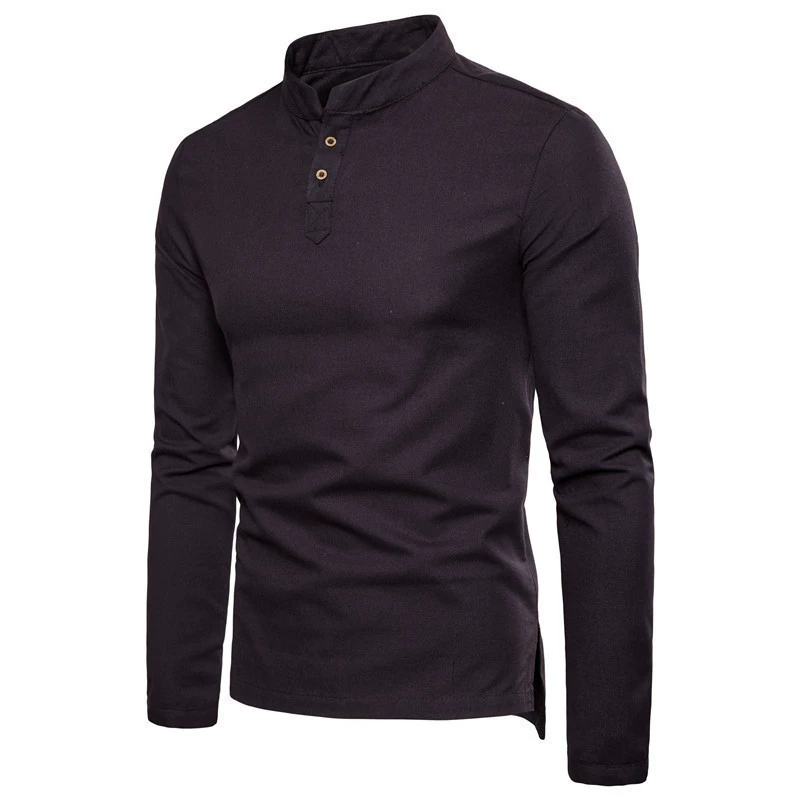 Mens Slim Linen Cotton Stand Collar Shirt