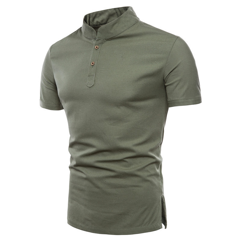 Mens Cotton Linen Stand Collar Slim Summer Shirt (3)