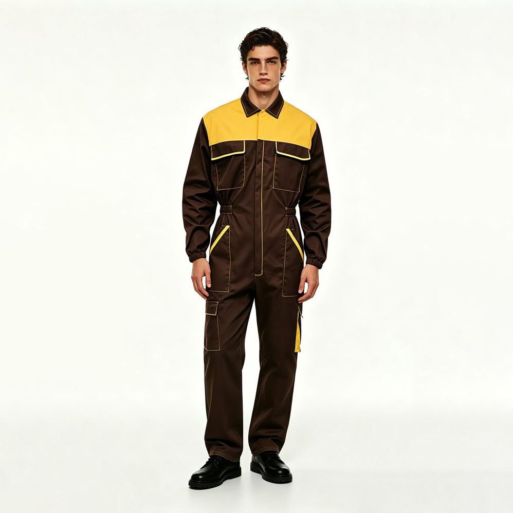 Mens Brown Yellow Multi Pocket Work Coveralls