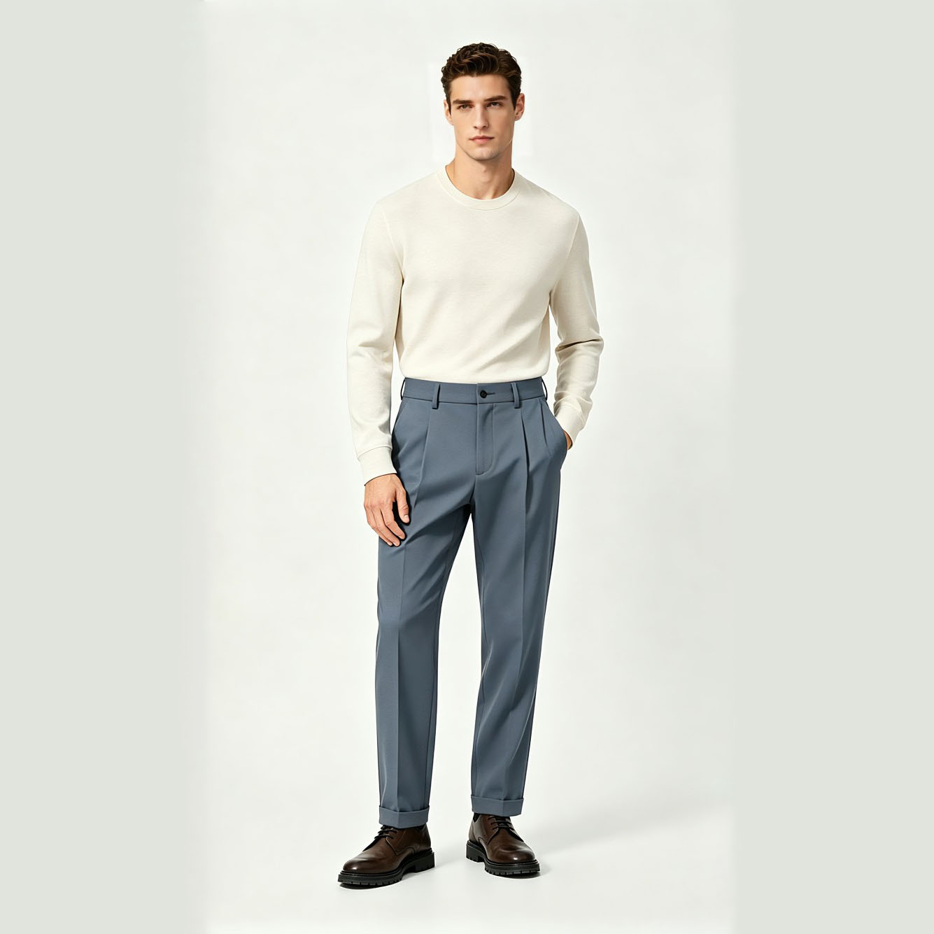 Semi Elastic Waist Pleated Casual Trousers