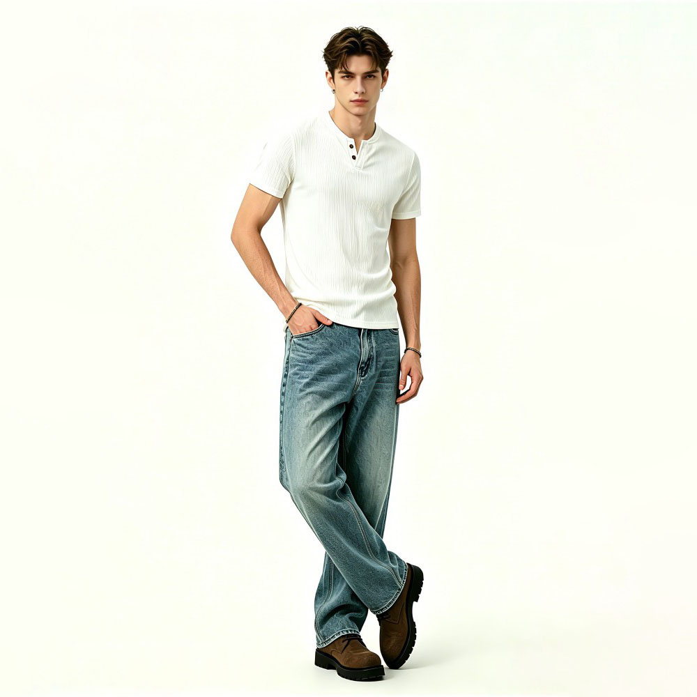 Mens Two-Button V-Neck Stylish Casual T-Shirt