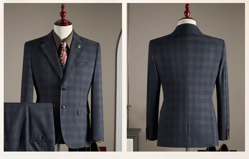 Mens Business Plaid Three Piece Suit 4