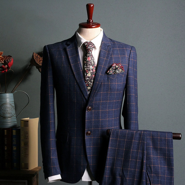 Mens Slim Fit Blue Plaid 3 Piece Wedding Suit