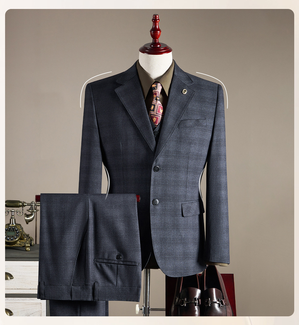 Mens Business Plaid Three Piece Suit (3)