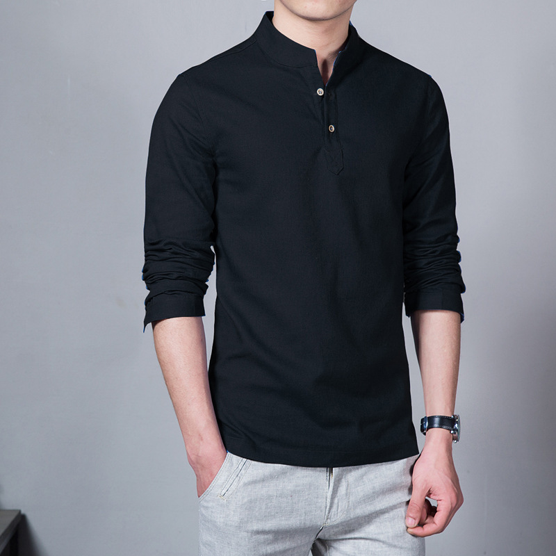 Mens Slim Linen Cotton Stand Collar Shirt (2)