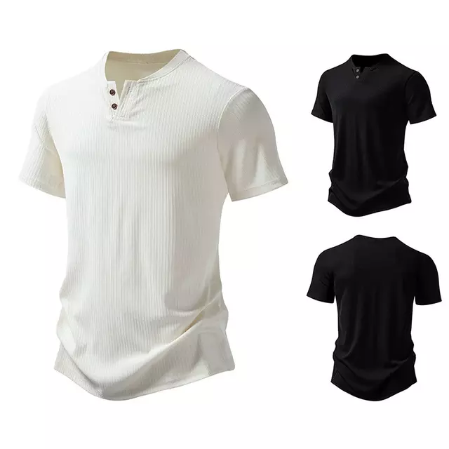 Mens Two-Button V-Neck Stylish Casual T-Shirt