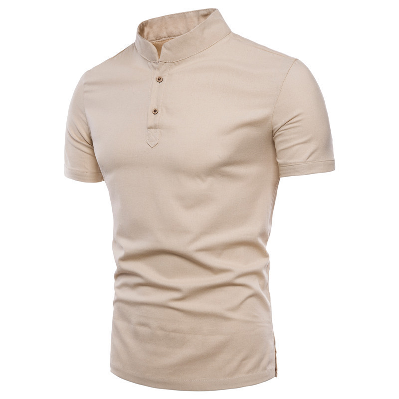 Mens Cotton Linen Stand Collar Slim Summer Shirt (1)