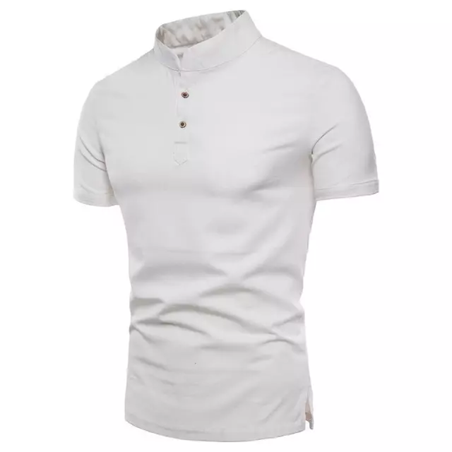 Mens Cotton Linen Stand Collar Slim Summer Shirt