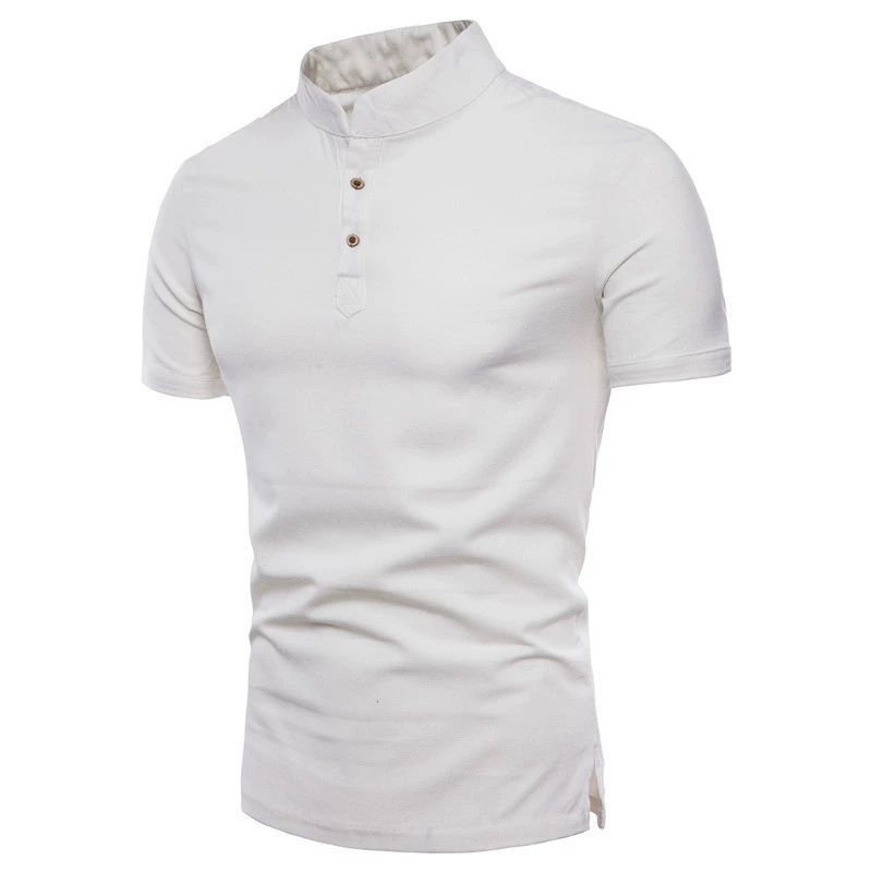 Mens Cotton Linen Stand Collar Slim Summer Shirt