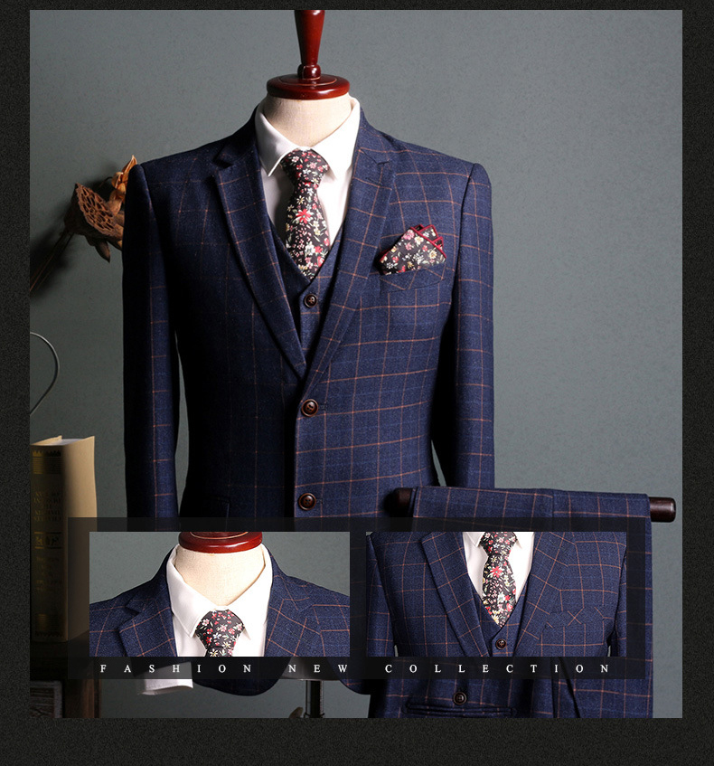 Mens Slim Fit Blue Plaid 3 Piece Wedding Suit (4)