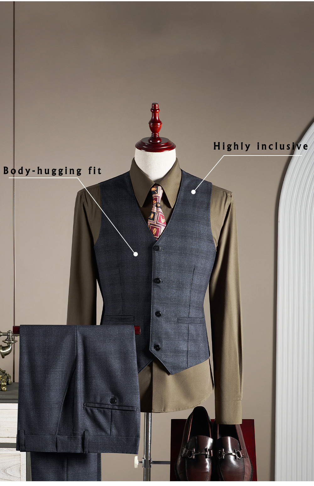 Mens Business Plaid Three Piece Suit (4)