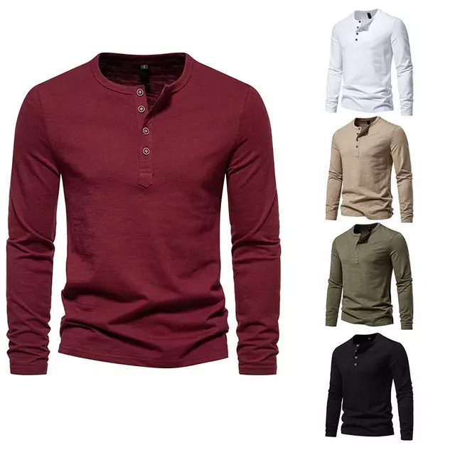 Mens Slub Cotton 4-Button Henley Long Sleeve Tee