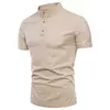 Mens Cotton Linen Stand Collar Slim Summer Shirt