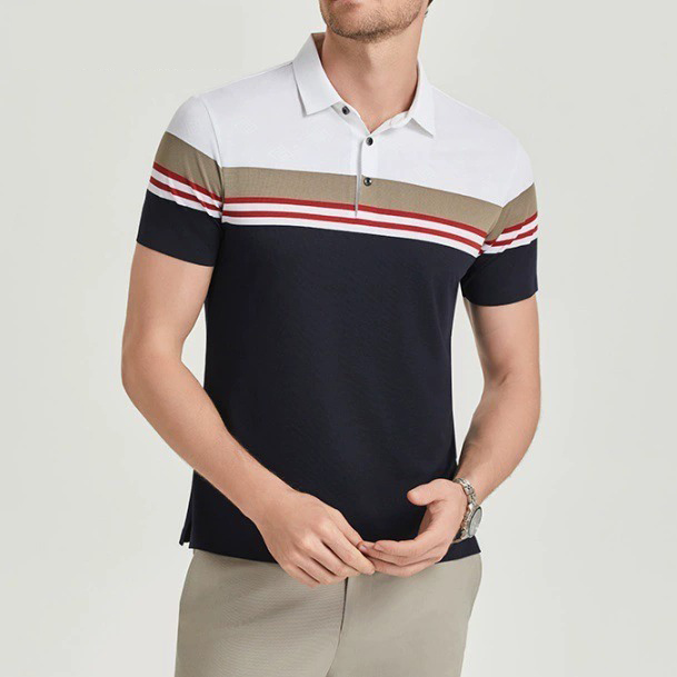 Mens Plus Size Striped Business Casual Polo Shirt
