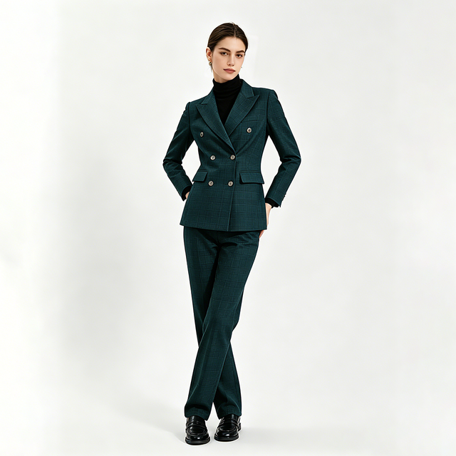 Womens Dark Green Double Breasted Viscose Suit Set