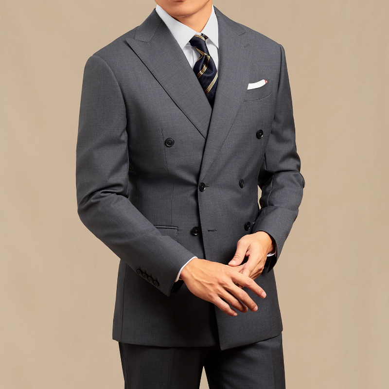 Men's High-Quality Double-Breasted Custom-Made Suit - Dark Grey