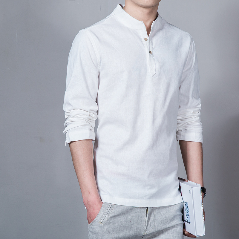 Mens Slim Linen Cotton Stand Collar Shirt (4)