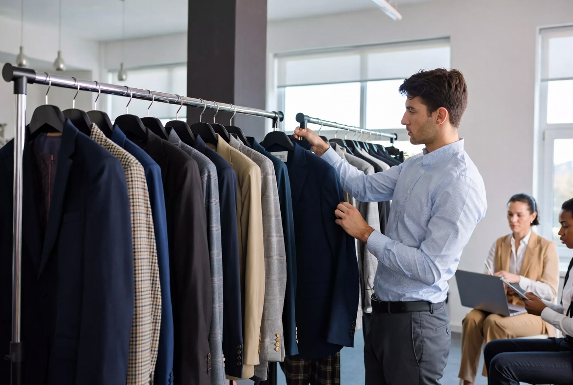 Business Buyers Reviewing Jacket Samples Business Buyers Reviewing Jacket Samples