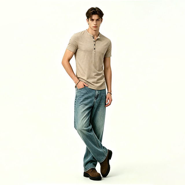 Mens Slub Cotton Henley Neck Polo Shirt