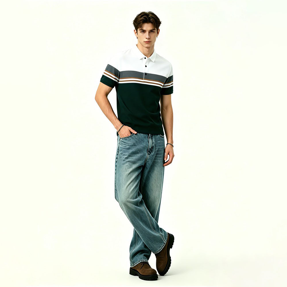 Mens Plus Size Striped Business Casual Polo Shirt