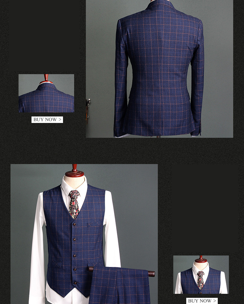Mens Slim Fit Blue Plaid 3 Piece Wedding Suit (3)