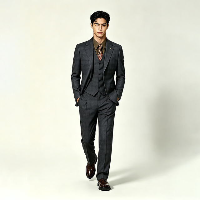 Mens Business Plaid Three Piece Suit